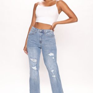 Tall Don't Give A Slit Ripped Straight Leg Jeans - Medium Blue Wash